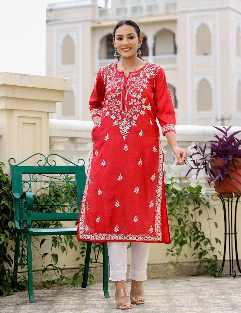 Kaajh Women's Red Chikhankari Embroidered Kurta Pant Set - Distacart