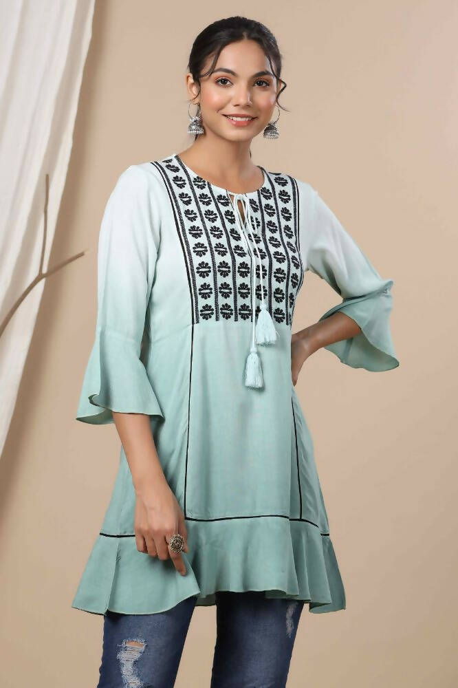 Juniper Sage Green Rayon Festive Embroidered Tiered Tunic For Women - Distacart