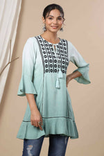Thumbnail for Juniper Sage Green Rayon Festive Embroidered Tiered Tunic For Women - Distacart