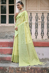 Thumbnail for Vishnu Weaves Women's Mahendi Handloom Raw Silk Woven Border Saree with Blouse - Distacart
