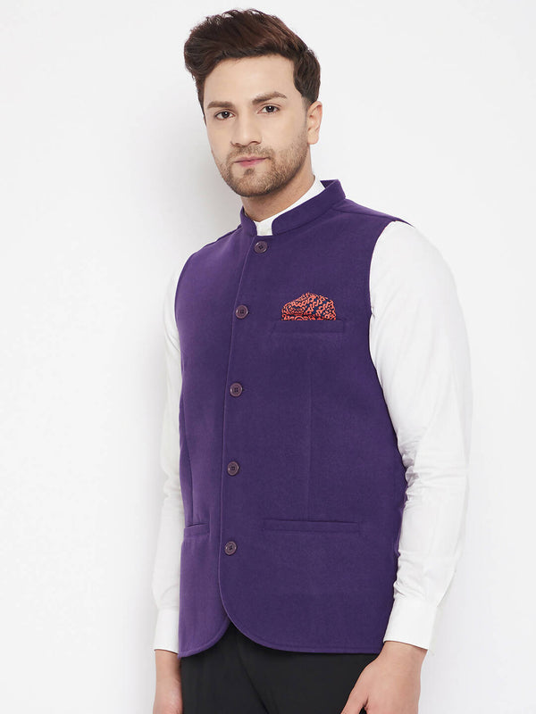Even Apparels Purple Wool Men's Nehru Jacket-Contrast Lining-Inbuilt Pocket Square - Distacart