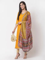 Thumbnail for Myshka Yellow Printed Silk Blend 3/4 Sleeve V Neck Casual Kurta Dupatta Set