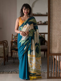 Thumbnail for Suta Teal Floral Pure Cotton Saree - Distacart