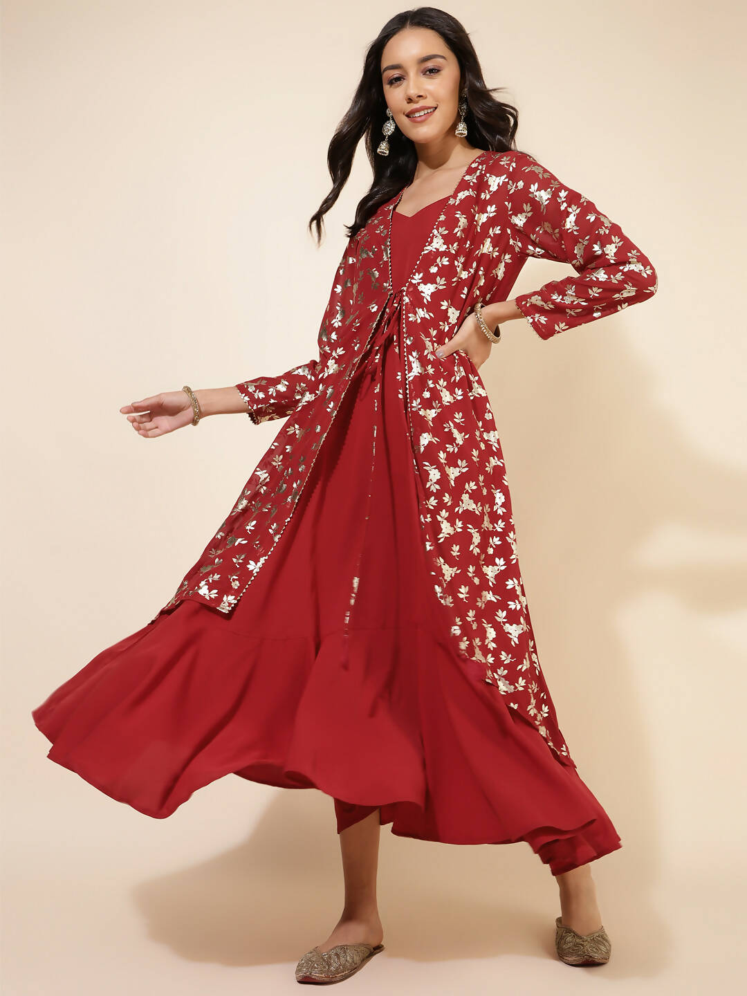 Janasya Women's Red Georgette Foil Printed Festive Flared Dress Set - Distacart