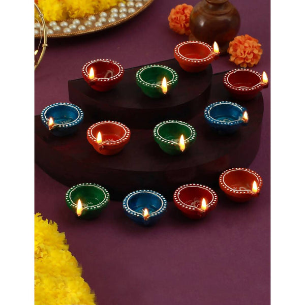 Tied Ribbons Red Blue Pack of 12 Handcrafted Terracotta Clay Oil Diya - Distacart