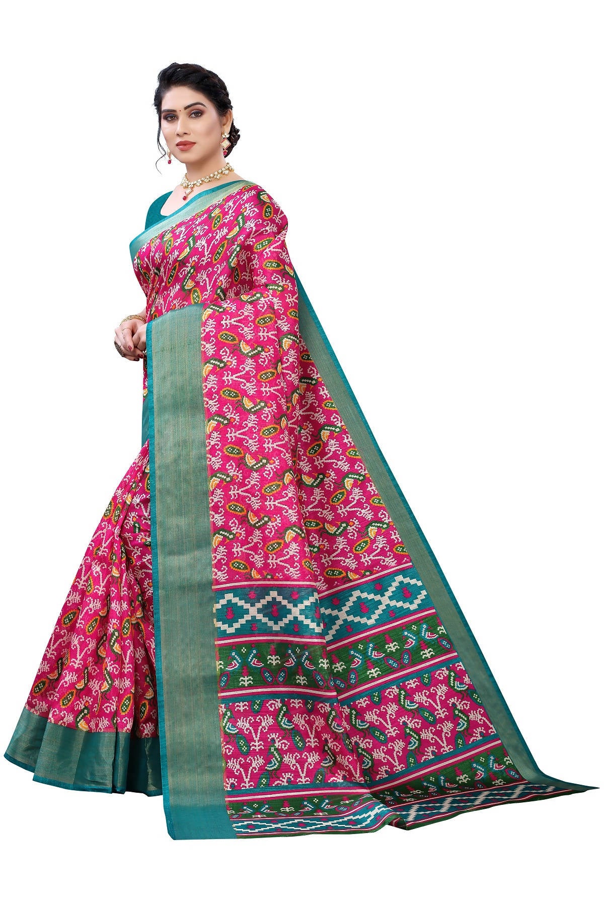 Vamika Pink & Green Linen Jari Border Saree (JANKI PINK) - Distacart