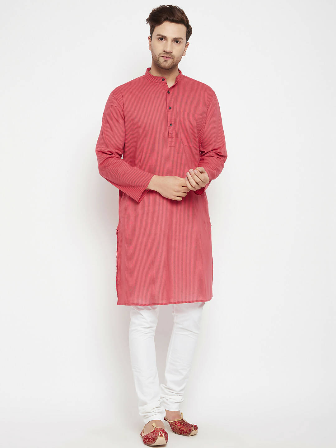Even Apparels Rust Pure Cotton Long Men's Kurta With Band Collar - Distacart