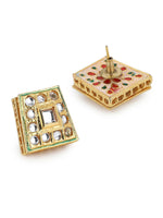 Thumbnail for Gold-Toned White Kundan Square Shaped Gold-Plated Studs Earrings - Ruby Raang - Distacart