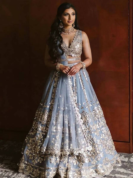 Aastha Fashion Women's Grey Jari with Paper Mirror Embroidery Net Designer Lehenga Choli - Distacart