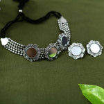 Thumbnail for Mominos Fashion Johar Kamal Oxidised Silver-Plated Mirror Design Necklace Choker Set For Women - Distacart