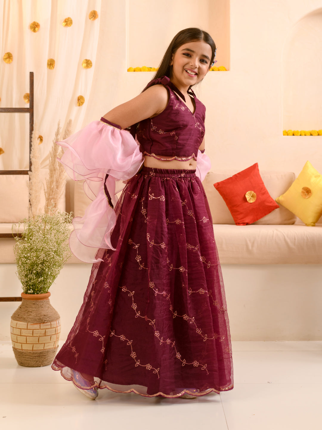 Girl Embellished Thread Work Ready To Wear Lehenga Blouse With Dupatta - Mini Marvels - Distacart