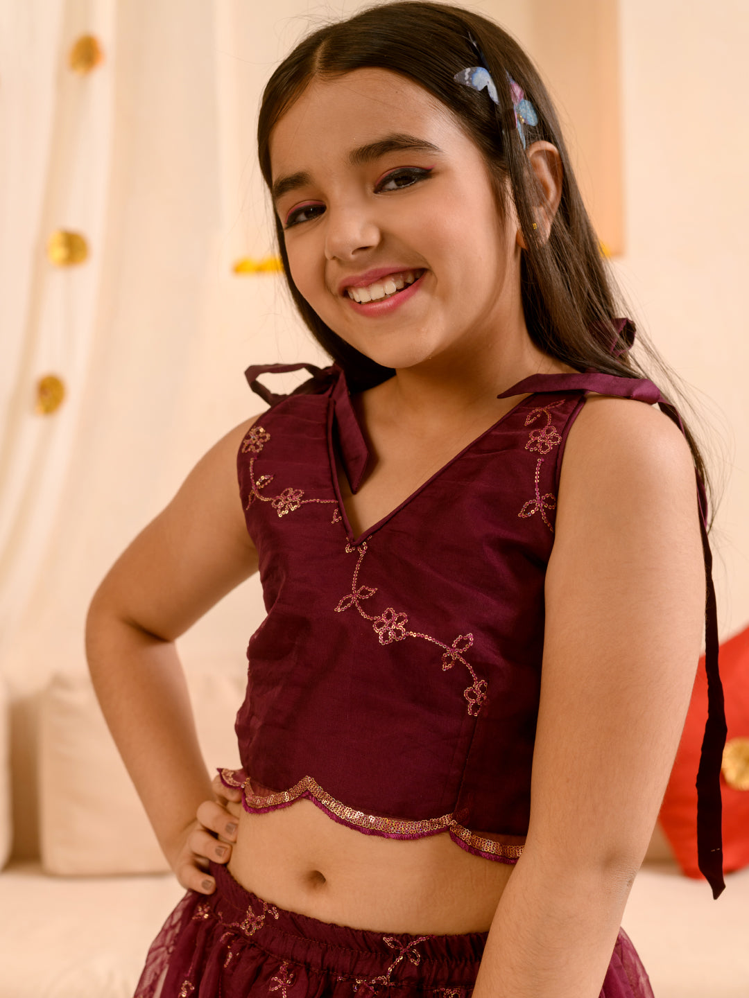Girl Embellished Thread Work Ready To Wear Lehenga Blouse With Dupatta - Mini Marvels - Distacart