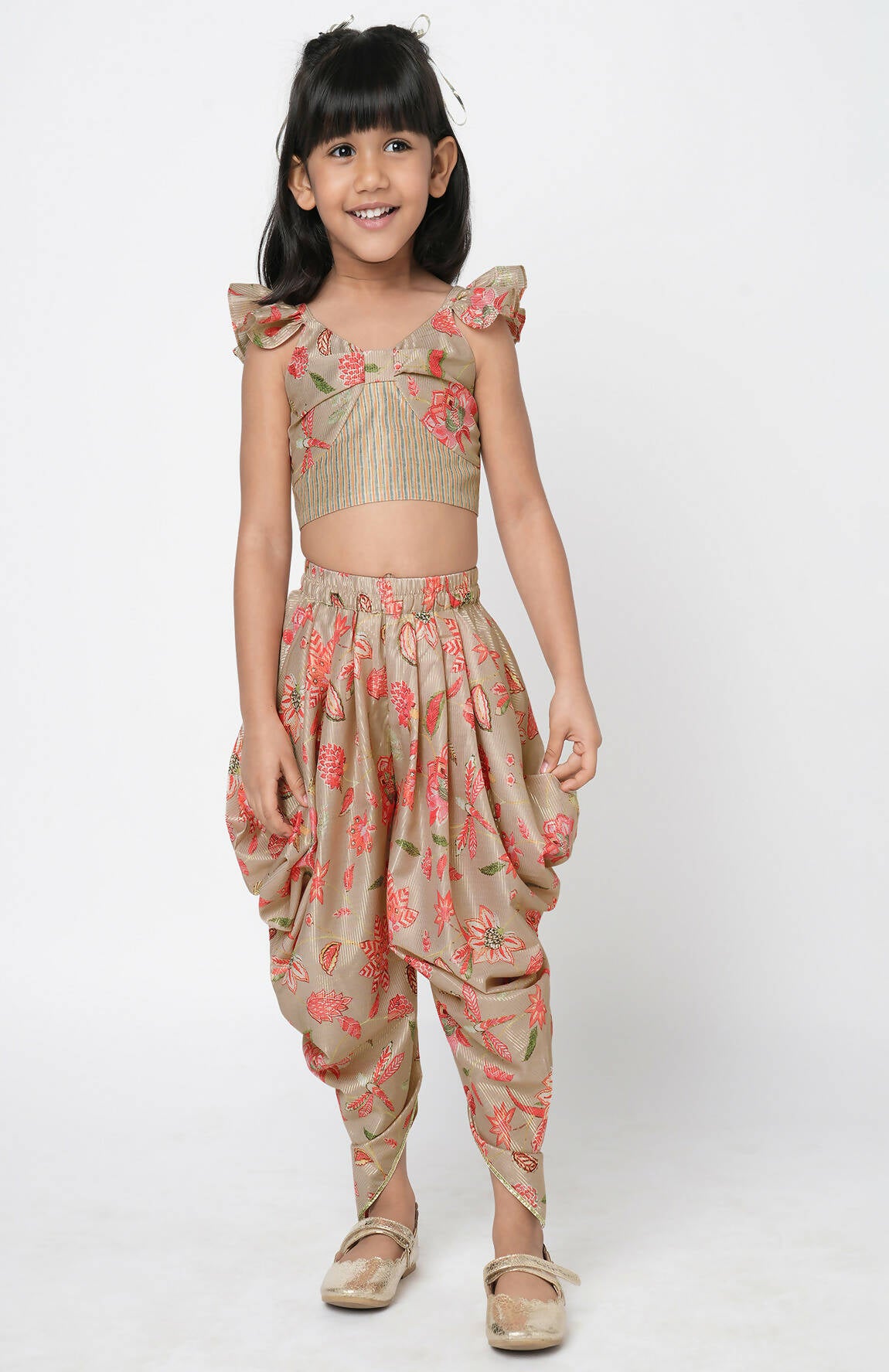 Lil Drama Golden Weaves Beige Crop Top With Dhoti Co-Ordinate Set - Distacart