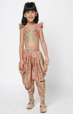 Thumbnail for Lil Drama Golden Weaves Beige Crop Top With Dhoti Co-Ordinate Set - Distacart
