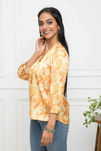 Thumbnail for Myshka Women Floral V-Neck Regular Sleeves Polyester Mustard Top - Distacart