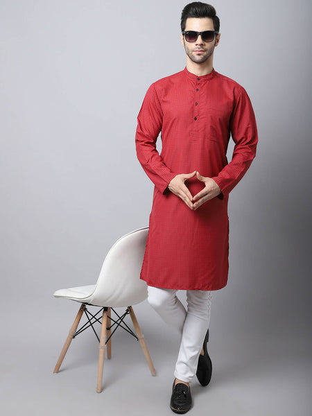 Even Apparels Maroon Cotton Checked Men's Kurta With Band Collar - Distacart