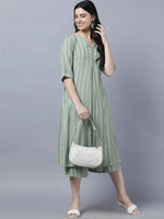 Thumbnail for Myshka Stylish Green Cotton 3/4 Sleeve Women's Kurta Palazzo Set - Distacart