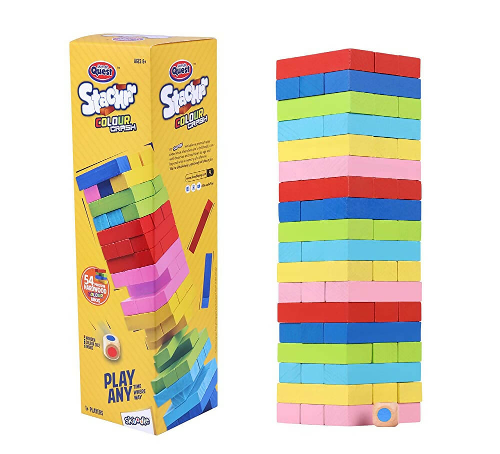 Skoodle Quest Stackrr Color Crash Tumbling Tower Game with 54 Precision Wooden Blocks of Premium Beachwood for Adults and Kids - Distacart