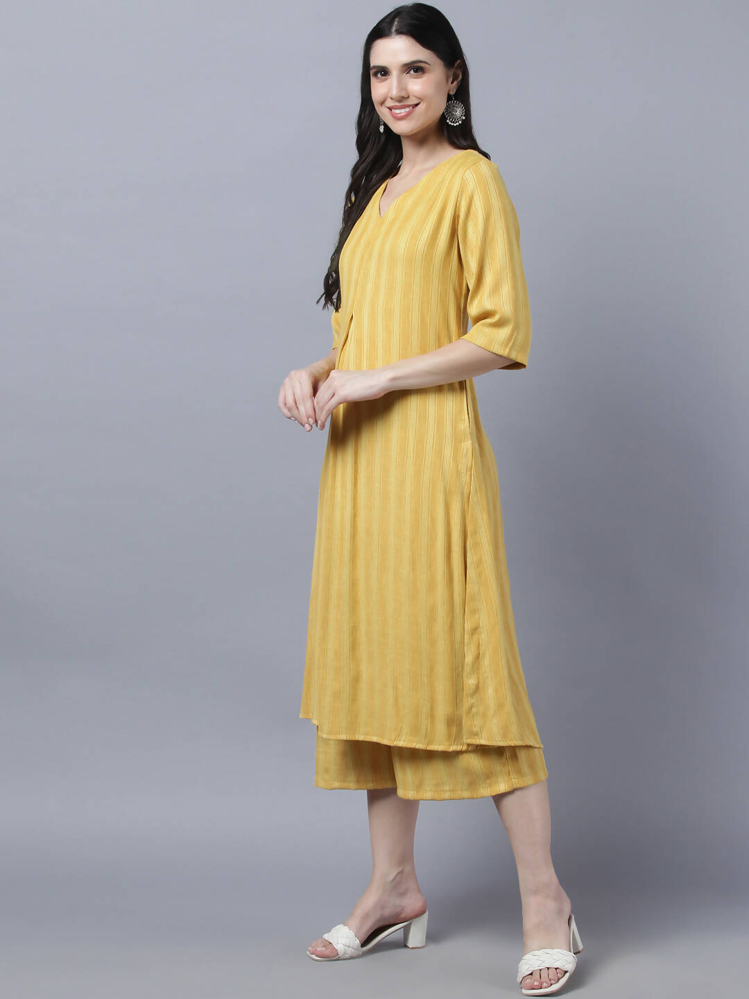 Myshka Stylish Yellow Cotton 3/4 Sleeve Women's Kurta Palazzo Set - Distacart