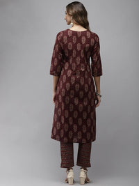 Thumbnail for Yufta Women Maroon Ethnic Motifs Regular Sequinned Pure Cotton Kurta with Trouser