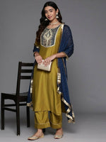 Thumbnail for Varanga Ethnic Motifs Zari Embroidered Regular Kurta with Trousers & Dupatta - Distacart