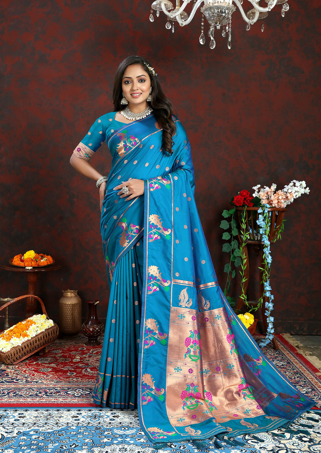 Lorenvalley Fashion Rama Soft Paithani Silk Woven Design Copper Zari Meenakari Weaving Saree - Distacart