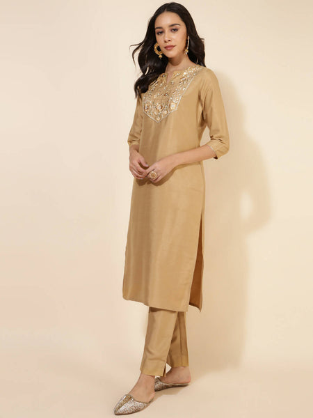 Janasya Women's Gold Crepe Silk Yoke Embroidery Festive Straight Kurta Set - Distacart
