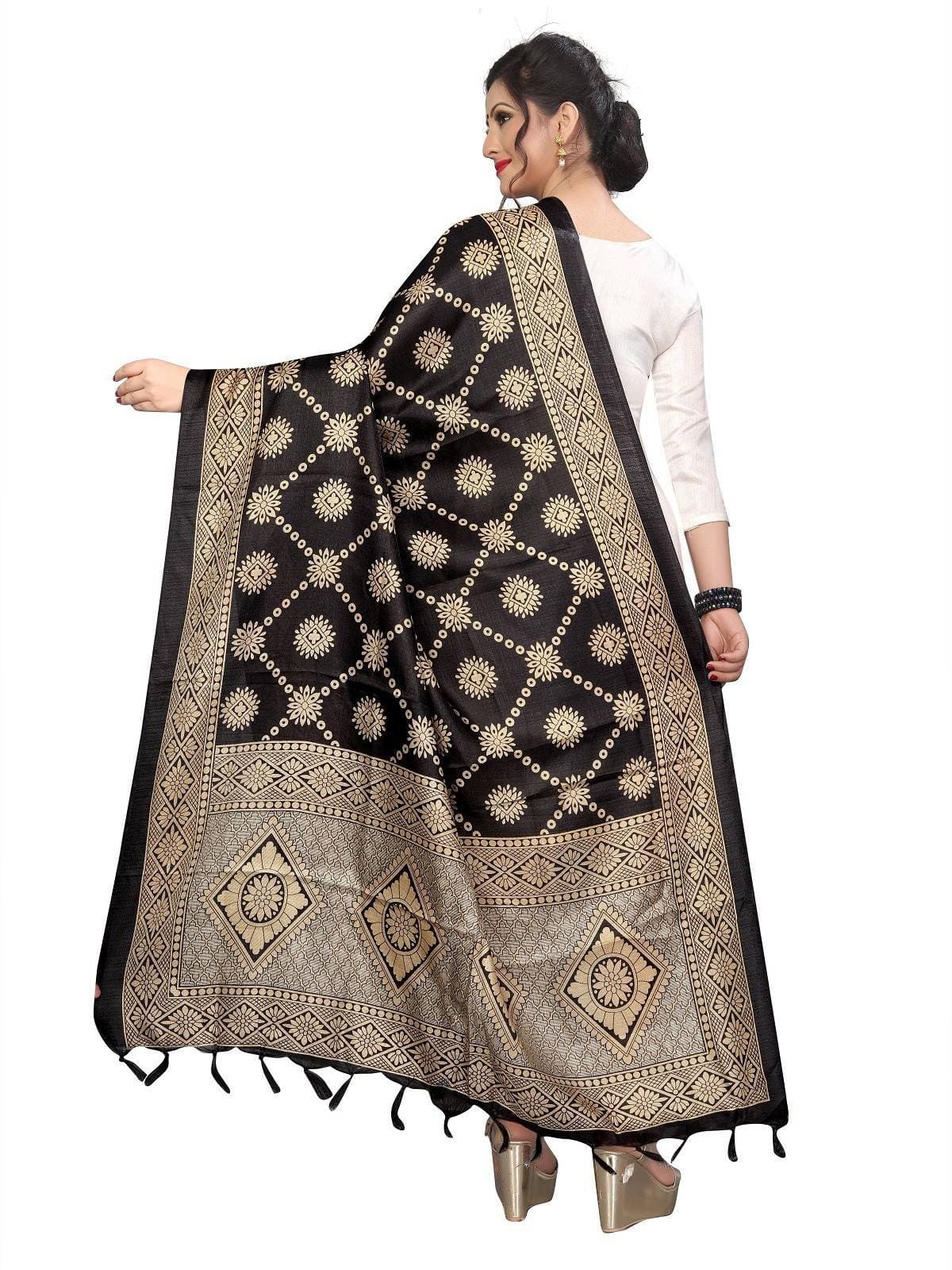 Vamika Latest Fashion Black Printed Khadi Bhagalpuri Dupatta