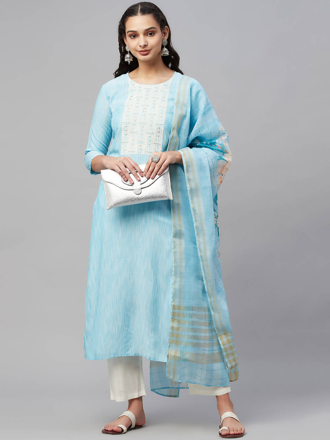 Myshka Turquoise Embroidered 3/4 Sleeve Round Neck Kurta Pant Dupatta Set - Distacart