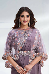 Thumbnail for Lavender Crepe satin silk Cord & Sequence Embroidered with Stone work Saree - Mohmanthan Majestica - Distacart