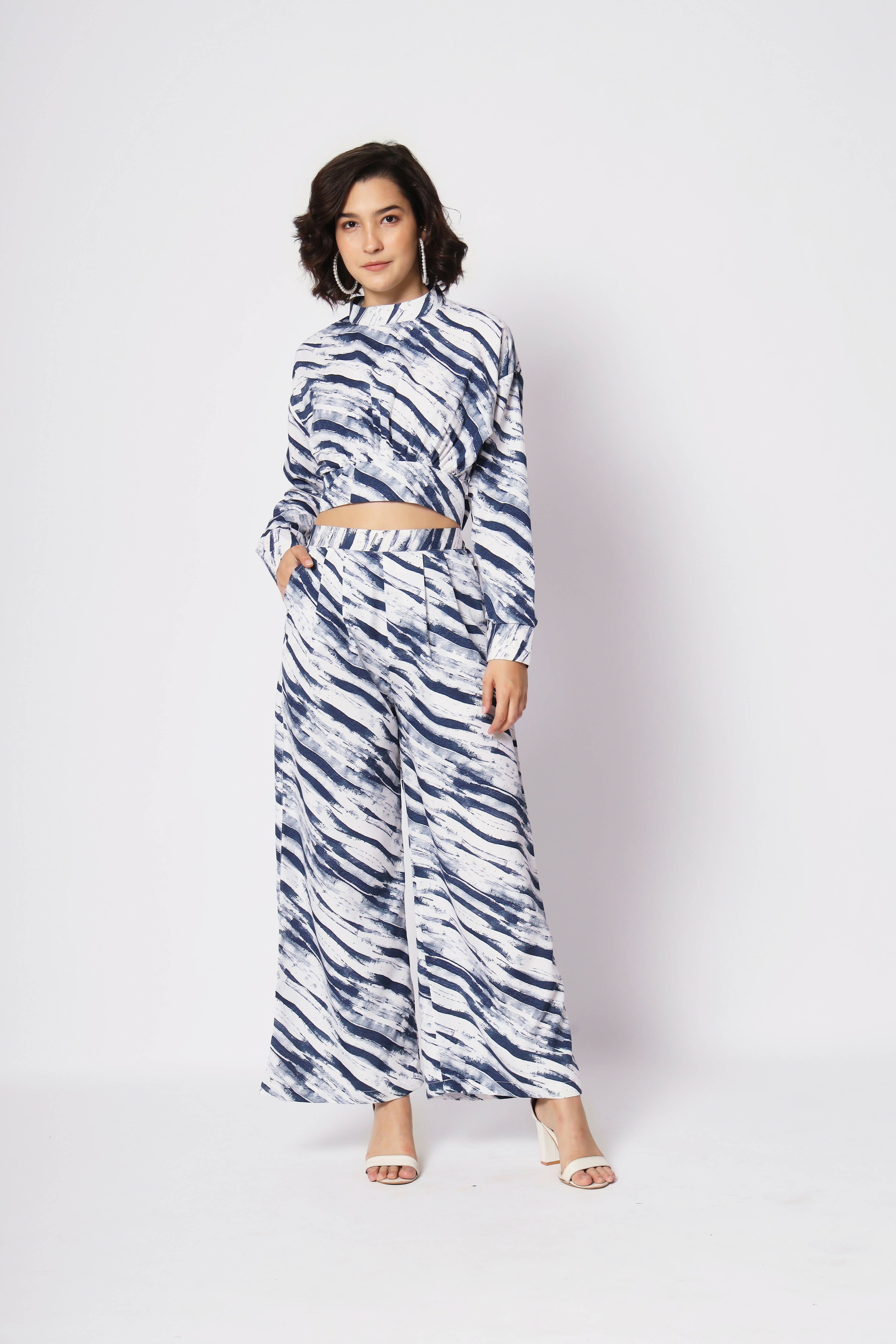 Blue Crepe Digital Printed Top With Matching Trouser - Shivani - Distacart