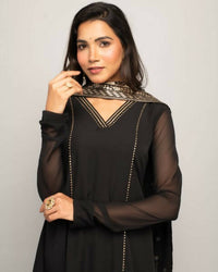 Thumbnail for FIORRA Women's Black Creap A-Line Kurta Pant With Dupatta - Distacart