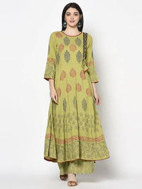 Thumbnail for Aniyah Rayon Parrot Green Color Block Print Anarkali Kurta (AN-195K)