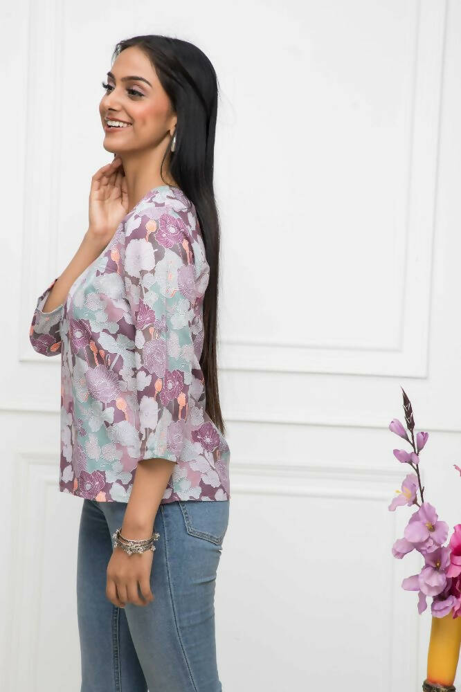 Myshka Women Multi-Floral V-Neck Regular Sleeves Viscose Rayon Top - Distacart