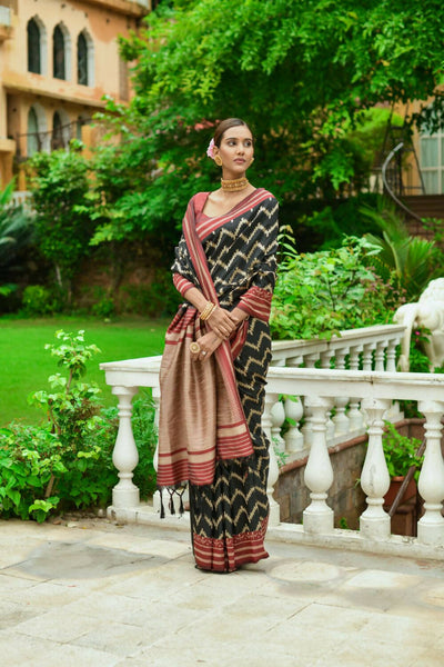 Vishnu Weaves Women's Black Handloom Raw Silk Zari Woven Saree with Blouse - Distacart