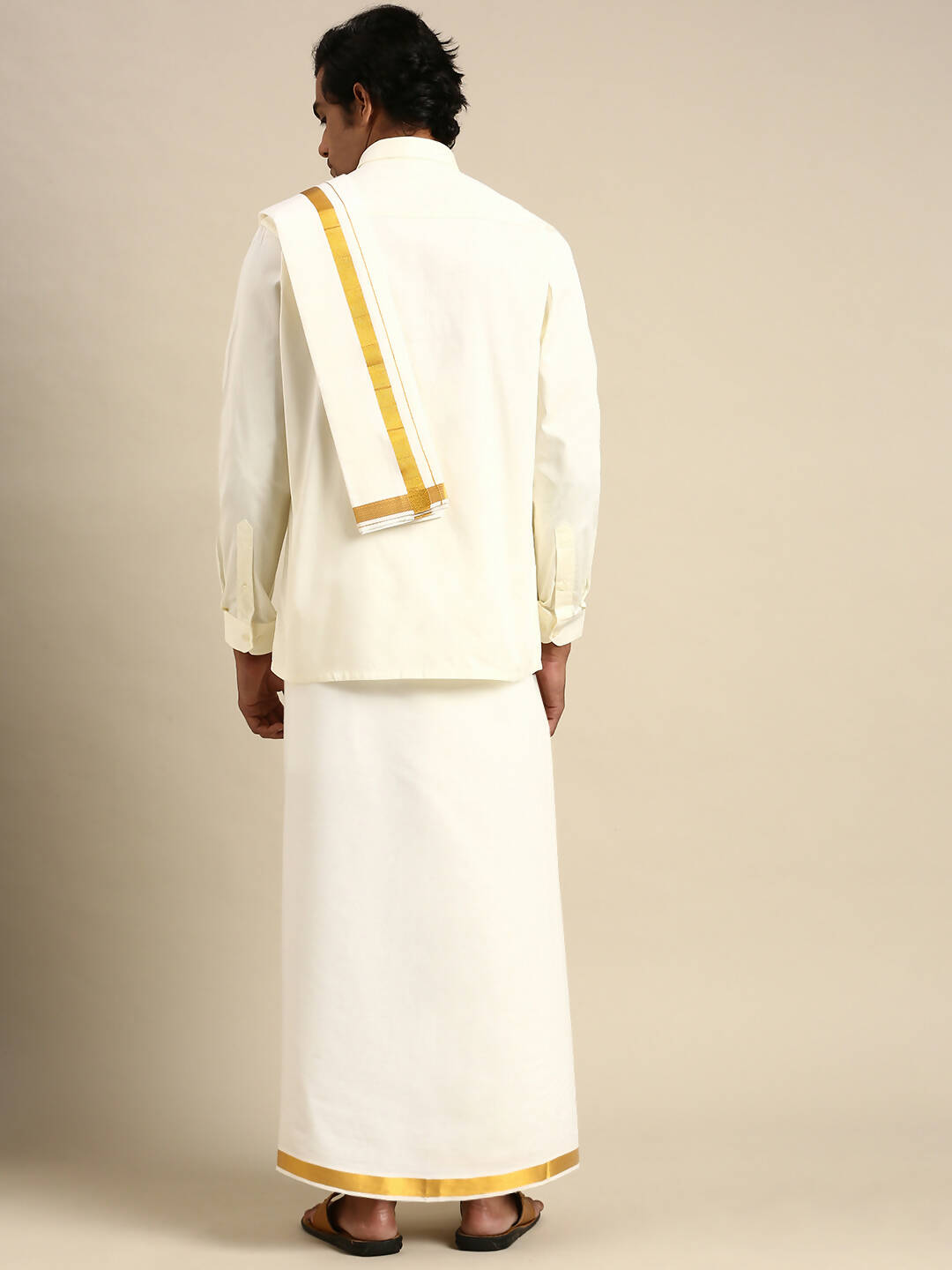 Ramraj Cotton Wedding Cream Zari Dhoti with shirt Bit & Towel Set Subamangalam 50k - Distacart