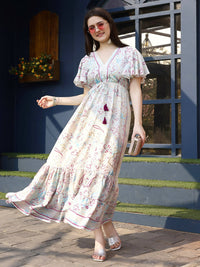 Thumbnail for Off white Rayon Foil Printed Long Dress - Michan - Distacart