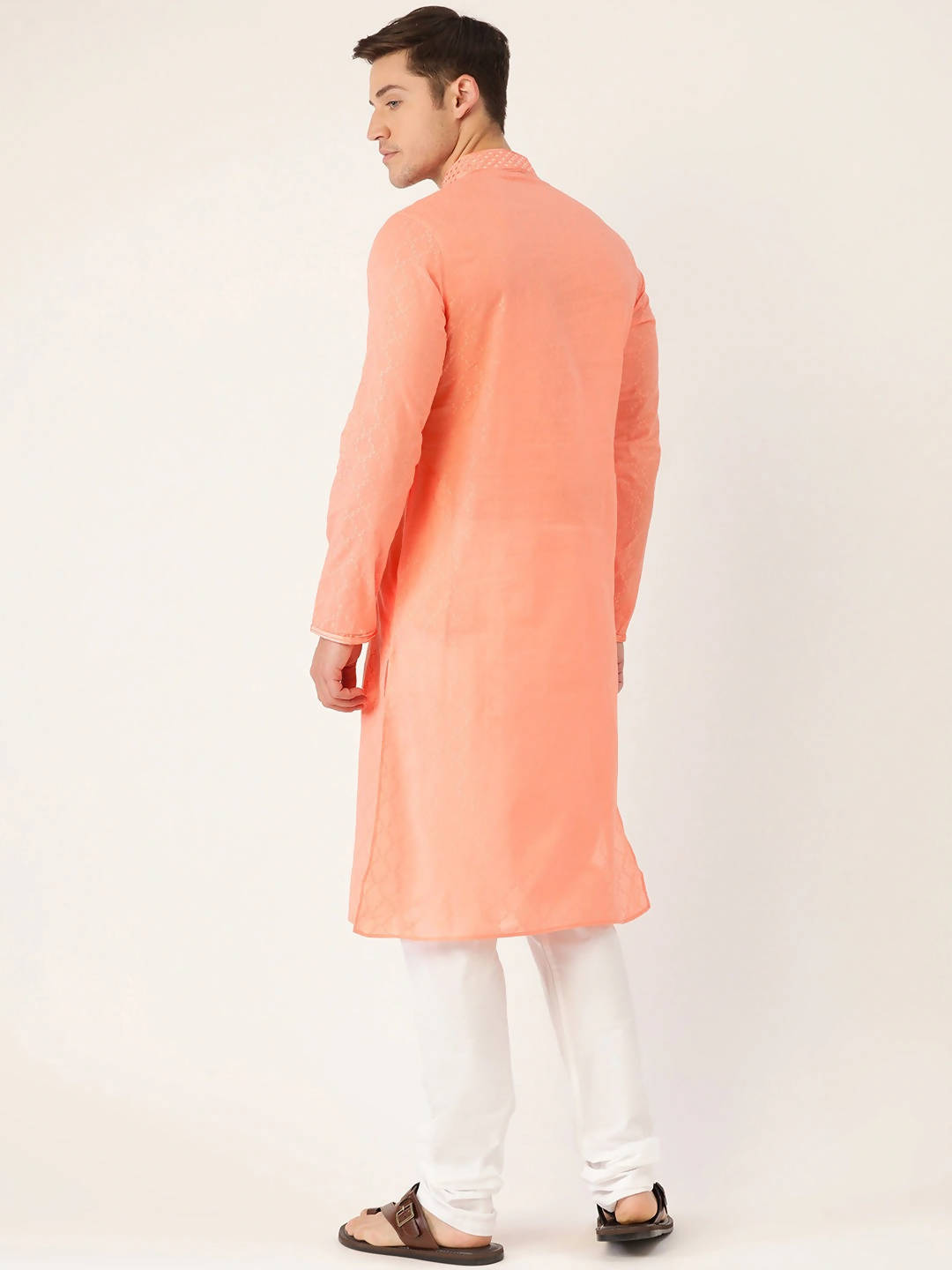 Manyavar Men Peach-Coloured & White Self Design Kurta with Churidar - Distacart