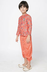 Thumbnail for Lil Drama Golden Weaves Boys Orange Kurta With Dhoti Set - Distacart