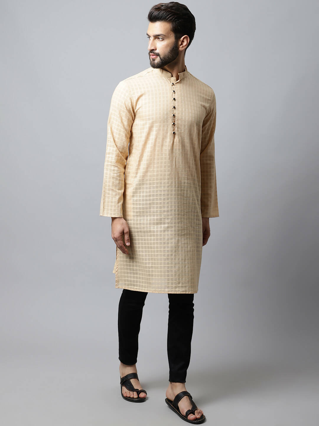 Even Apparels Beige Color Pure Cotton Men's Kurta With Side Placket (CHK1200) - Distacart