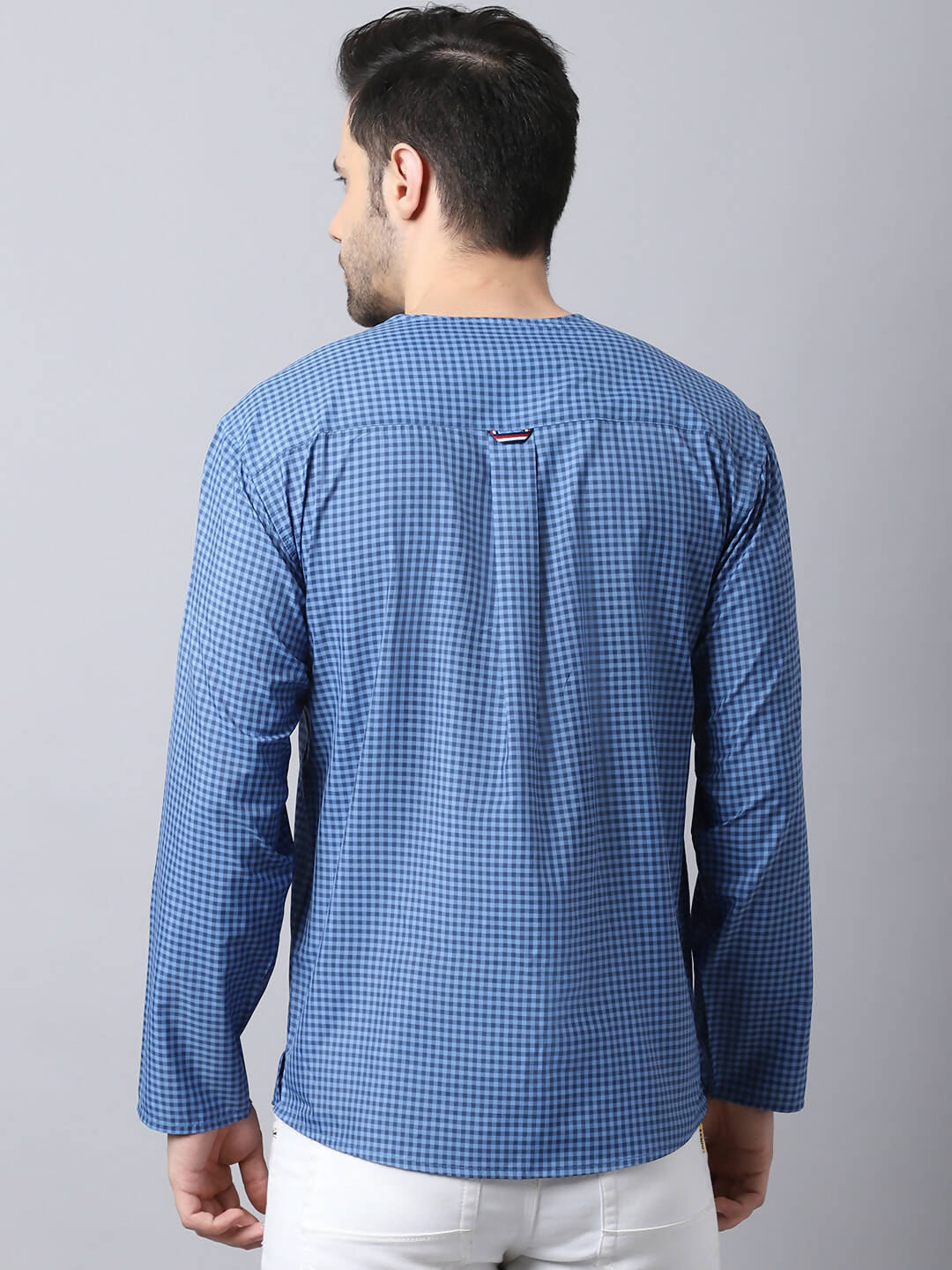 Even Apparels Blue Checked Men's Kurta With Band Collar - Distacart