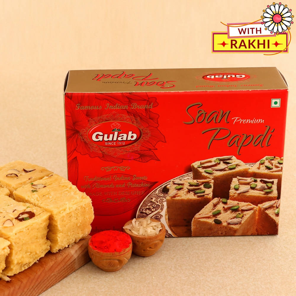 Zardosi Lustrous Rakhi And Soan Papdi Combo