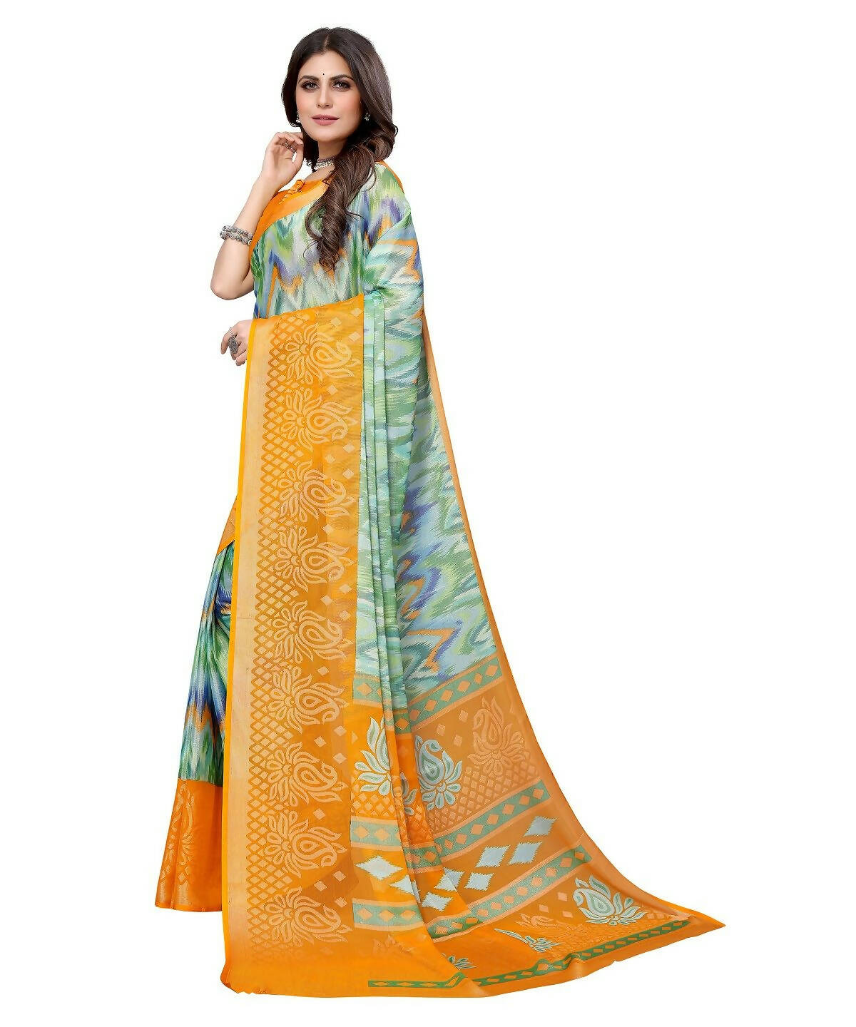 Vamika Green Chiffon Brasso Bollywood Style Woven Saree (KARUNA YELLOW) - Distacart