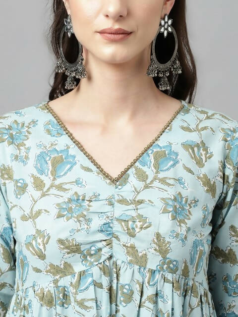 FIORRA Women's Sky Blue Pure Cotton Flared Kurta Set - Distacart