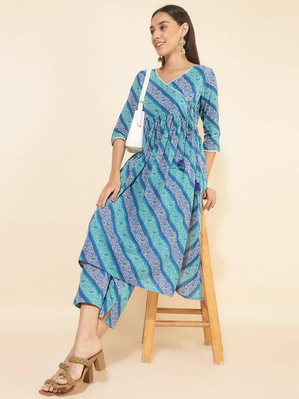 Janasya Women's Blue Cotton Bandhani Printed Casual Angrakha Co-ords - Distacart