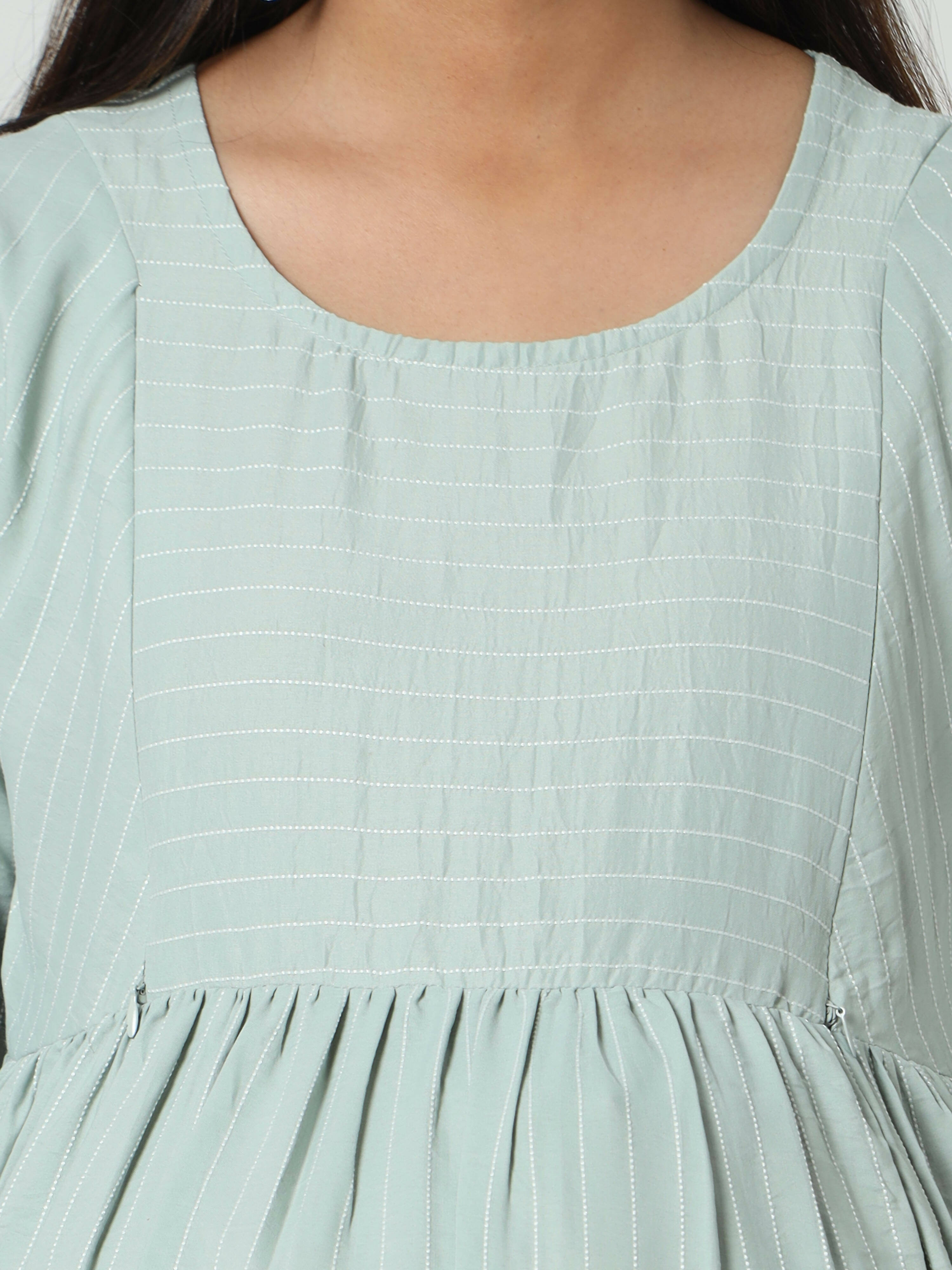 Manet Three Fourth Maternity Dress Striped With Concealed Zipper Nursing Access - Pista Green - Distacart