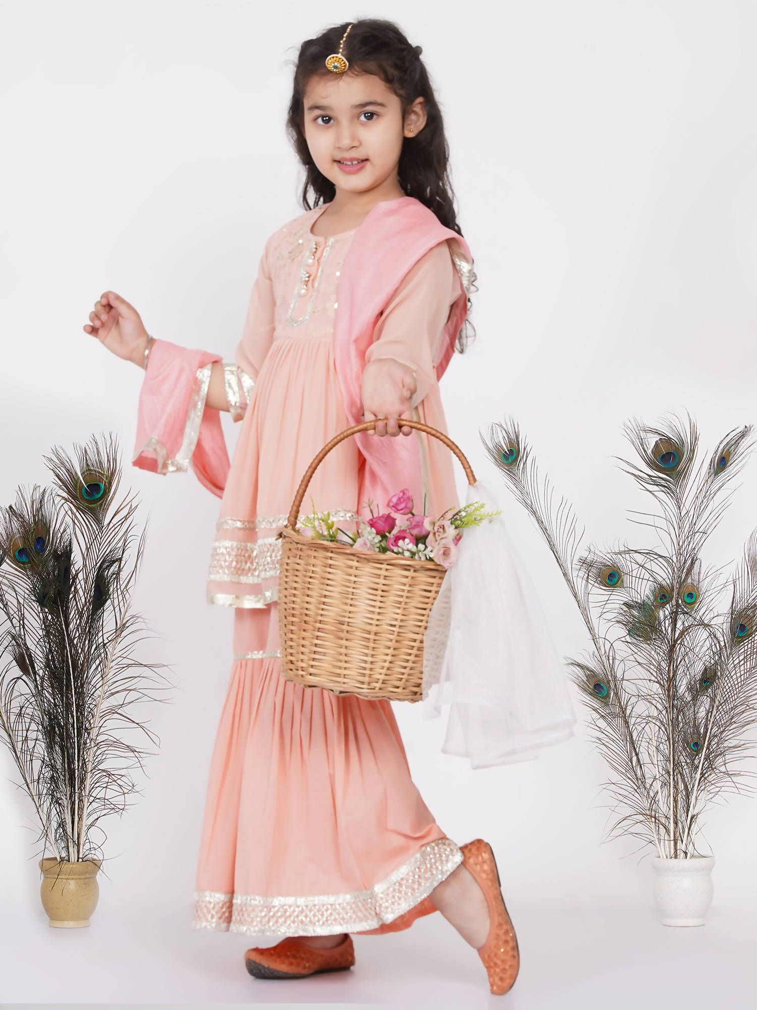Little Bansi Cotton Gotta Patti Kurta frock with Sharara & Dupatta - Peach - Distacart