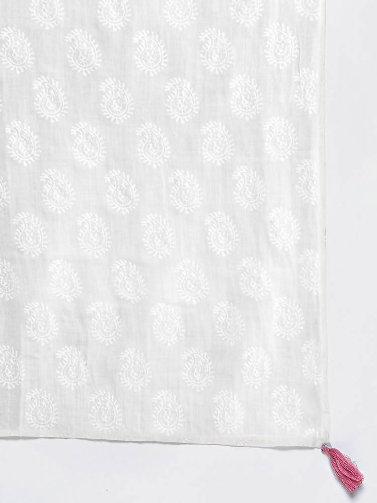 Yufta Pink and White Block Print A-line kurta with Palazzo & Dupatta Set