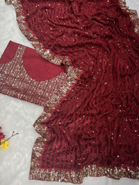 Thumbnail for Malishka Women's Georgette Sequence Embroidery Bollywood Saree With Blouse Piece - Red - Distacart
