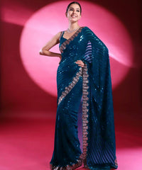 Thumbnail for Malishka Women's Georgette Sequence Embroidery Bollywood Saree With Blouse Piece - Turq - Distacart